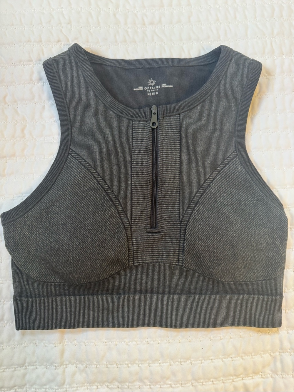 OFFLINE by Aerie Ribbed Zip Front Sports Bra Medium Gray High Support Athleisure